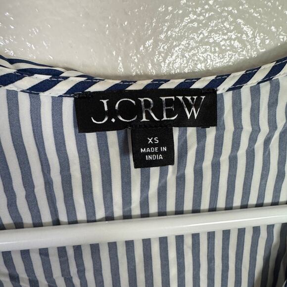 J.Crew Goldie Satin Top WMNS XS Navy White Striped Long Sleeve Ruffle Tie Neck - Picture 4 of 8